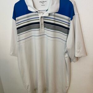 Tommy Bahama White Polo with Blue Shoulder Panels and Stripes